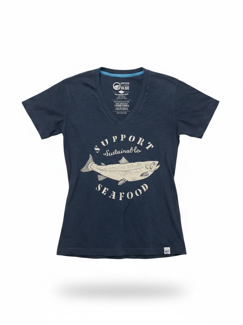 United By Blue Navy V-Neck 'Support Seafood' Graphic Tee
